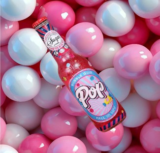 Sunkist Pop soda bottle surrounded by pink and white balloons