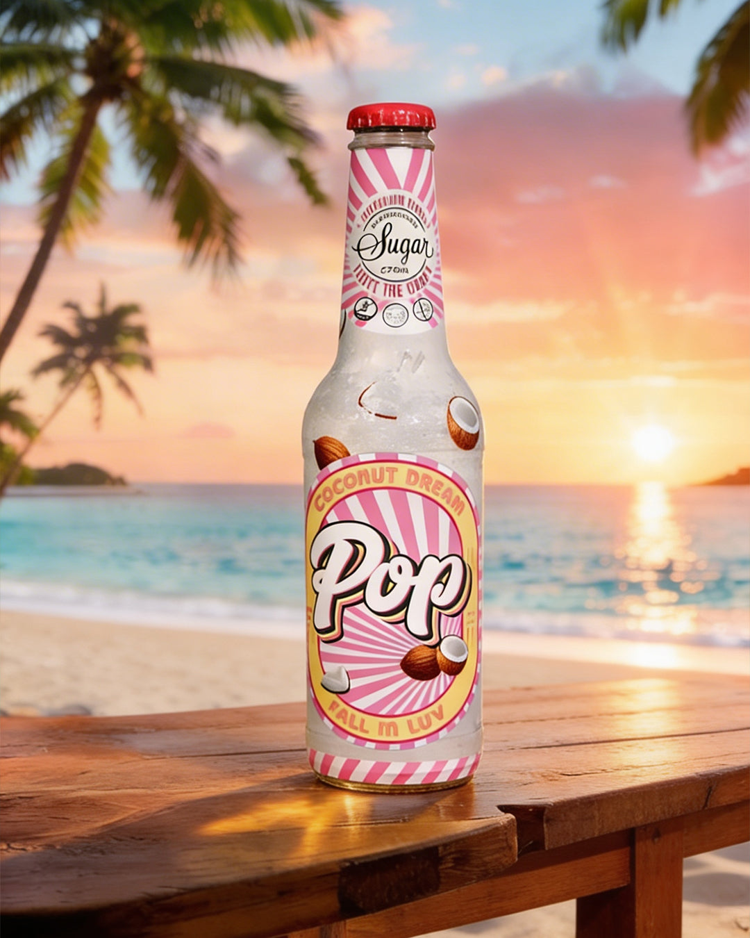 Bottle of 'POP Coconut Dream' on a wooden table with a beach and sunset background