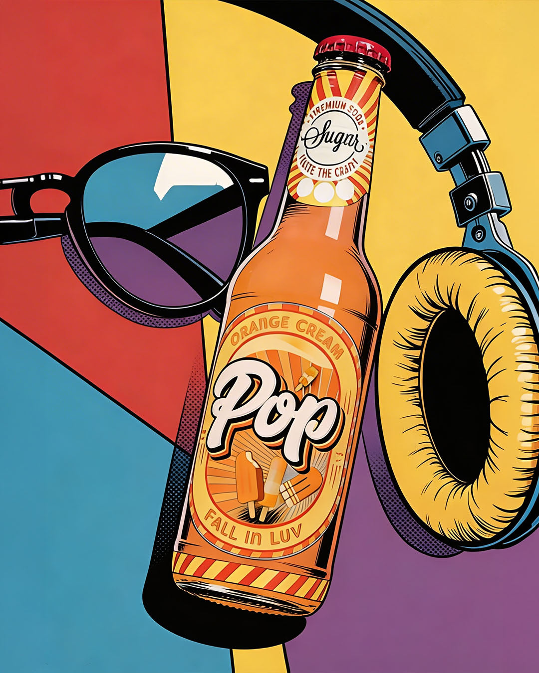 Illustration of a 'Pop' with sunglasses and headphones on a colorful background