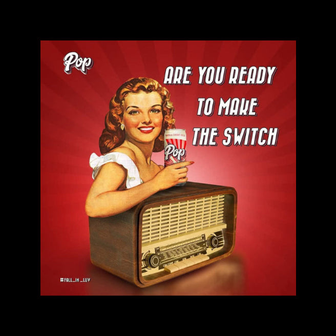 Vintage-style advertisement with a woman holding a 'Pop' container and an old radio, on a red background.