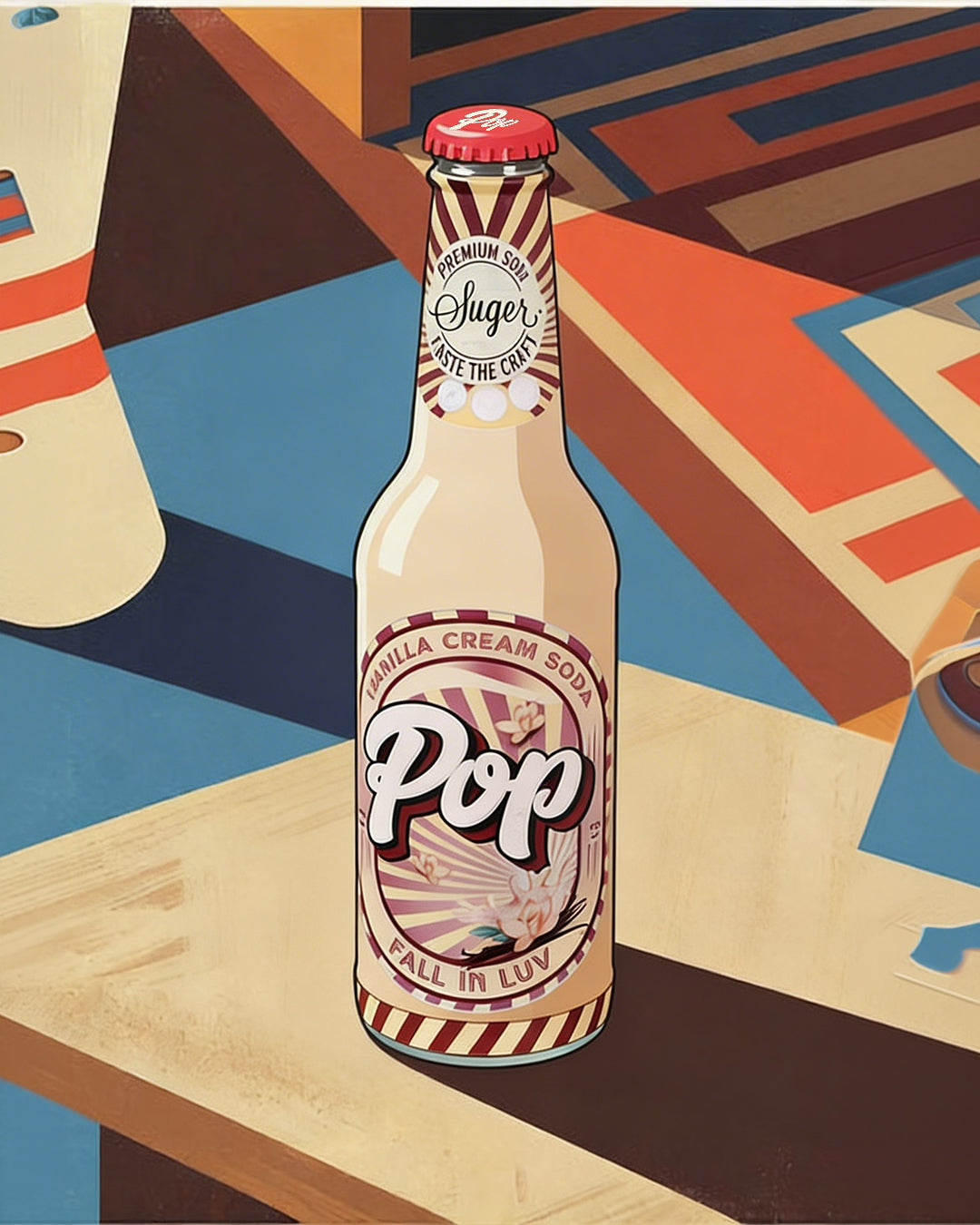 POP Vanilla cream soda bottle with colorful label on a geometric patterned background