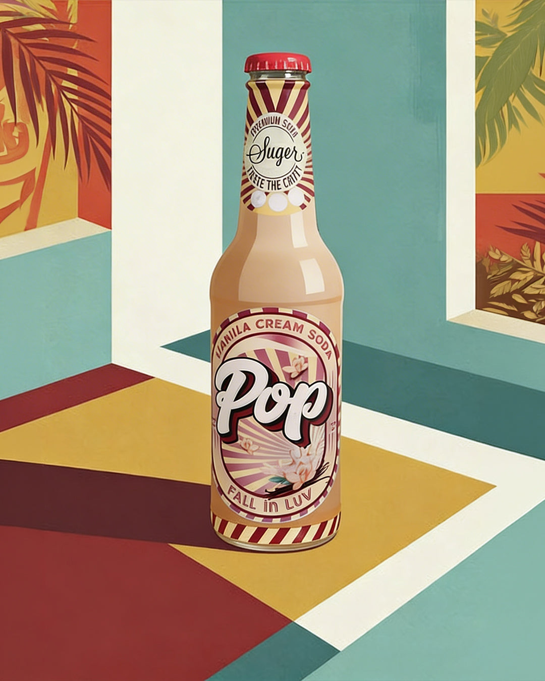 POP Vanilla cream soda bottle with colorful label on a geometric patterned background
